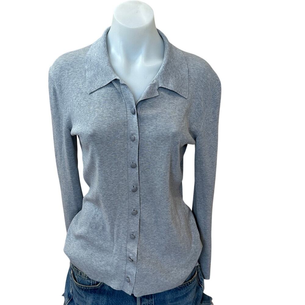 Michael Kors Gray Polo Sweater LARGE Fitted Cardigan Preppy Silk Cotton $300 - Picture 5 of 11